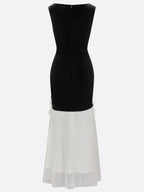 Black Tassel 3D Floral Velvet Boat Neck Sleeveless Mermaid Midi Dress