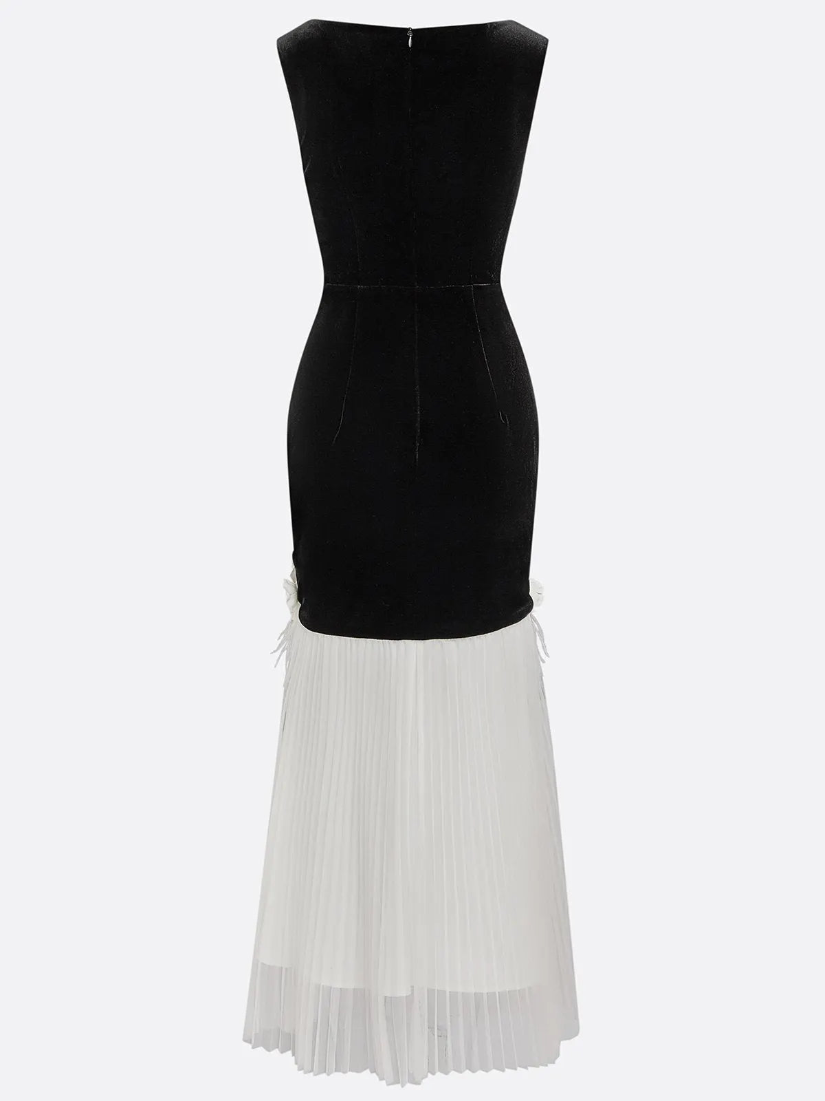 Black Tassel 3D Floral Velvet Boat Neck Sleeveless Mermaid Midi Dress