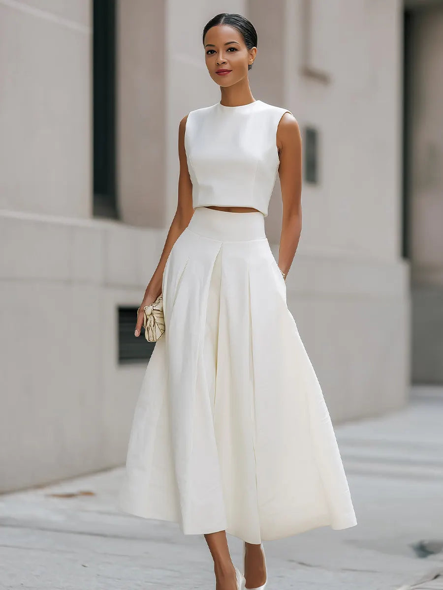 Sleeveless Cropped Top And Pleated Midi Skirt Set