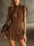 Brown Ruffled Knit Mini Dress With Sheer Polka Dot Trim