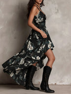 Boho Floral Print High-Low Ruffled Midi Dress