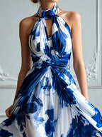 Elegant Blue And White Ink-Style Flowy Chiffon Dress