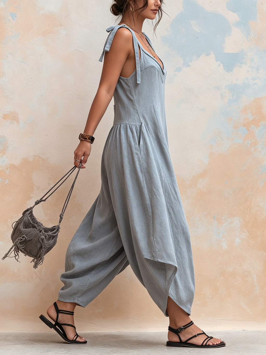 Grey Tie-Shoulder Oversized Harem Linen Jumpsuit