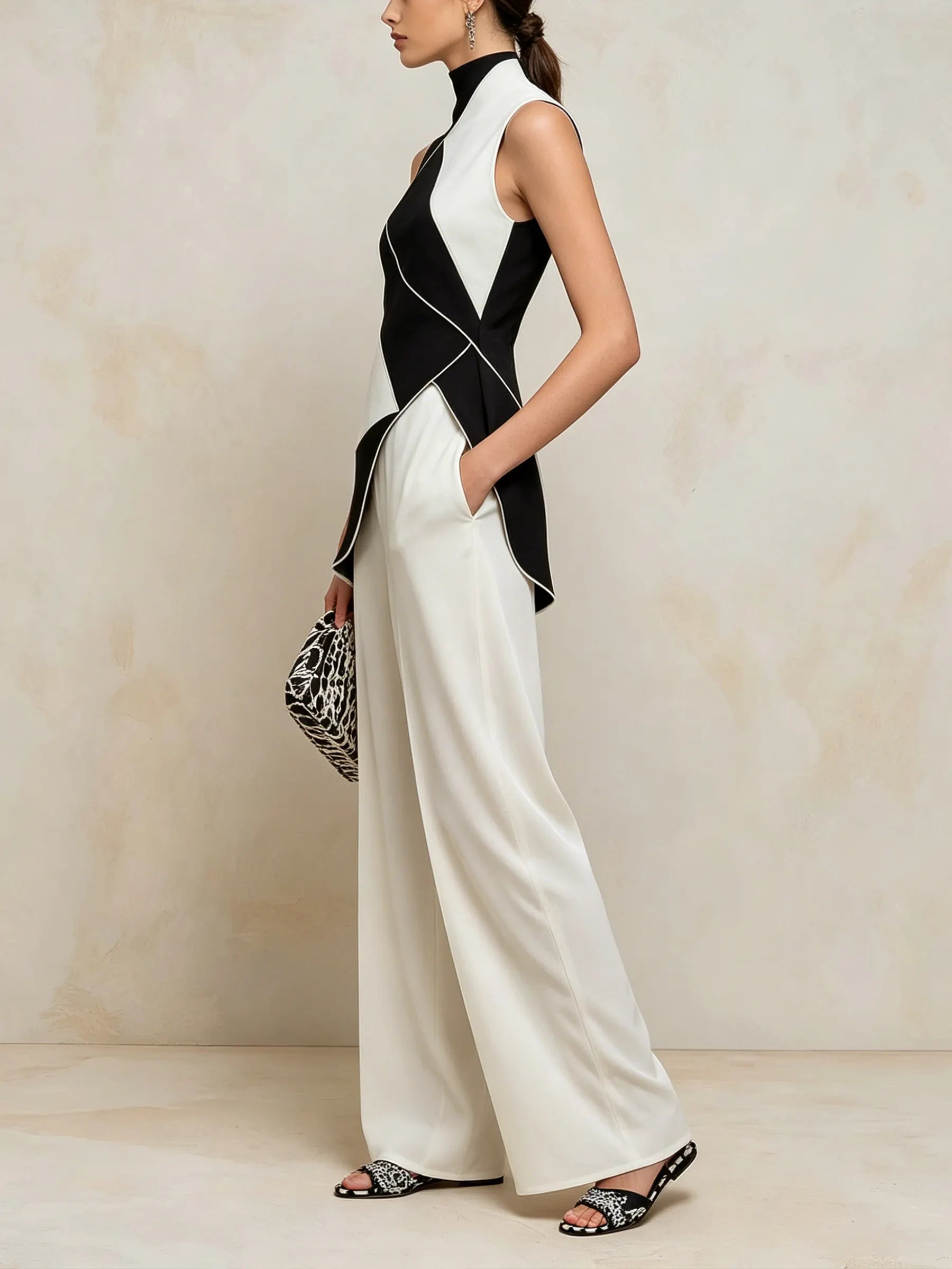 Asymmetric Geometric Color-Block Top & Wide-Leg Pants Set