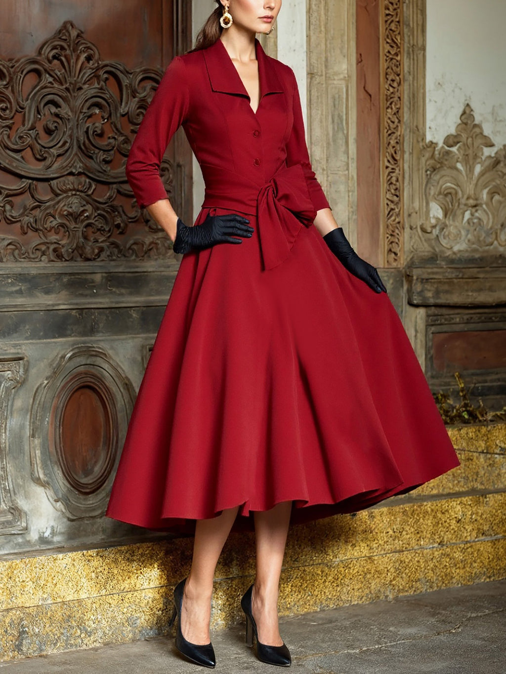 Midi Linen Dress, Half Sleeve, Shawl Collar, Plain, Button Design, French Vintage, Red