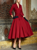 Midi Linen Dress, Half Sleeve, Shawl Collar, Plain, Button Design, French Vintage, Red