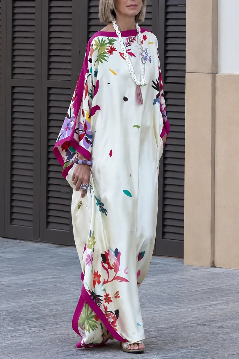 Floral Print Satin Kaftan Maxi Dress