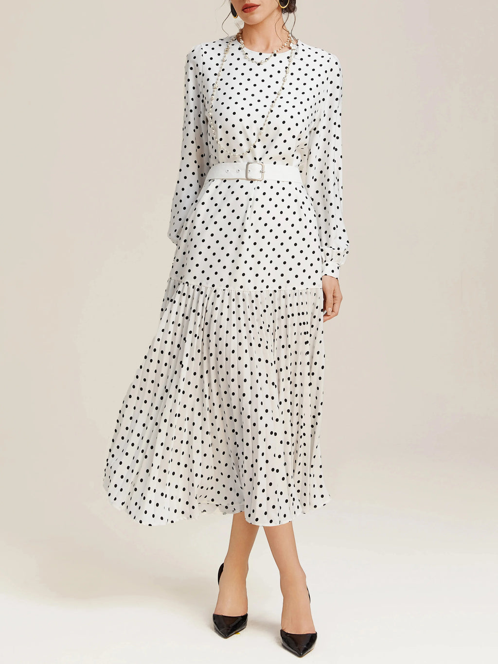 White Pleated Polka Dots Classic Crew Neck Long Balloon Sleeve A-Line Midi Dress