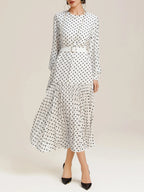White Pleated Polka Dots Classic Crew Neck Long Balloon Sleeve A-Line Midi Dress