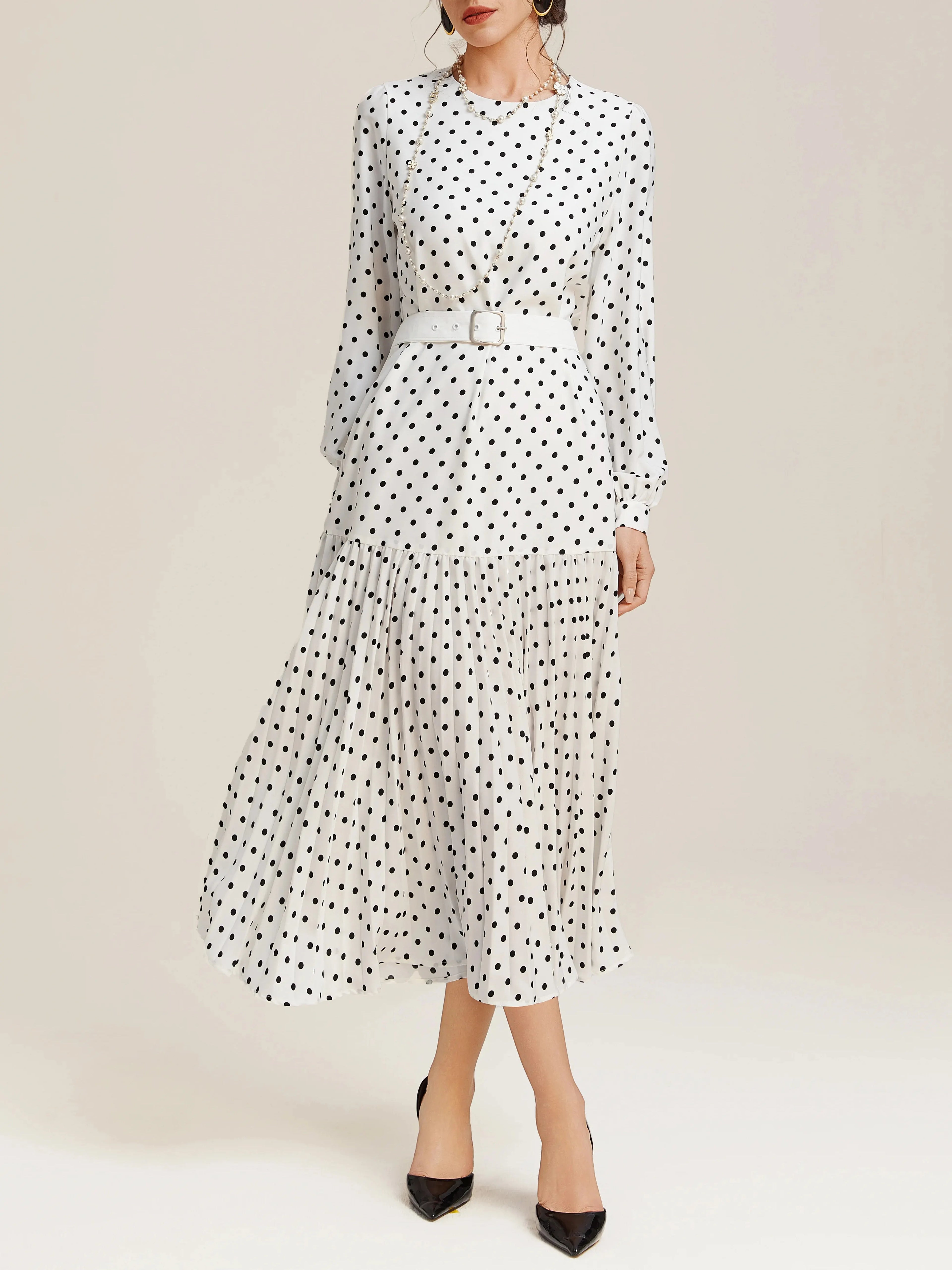 White Pleated Polka Dots Classic Crew Neck Long Balloon Sleeve A-Line Midi Dress