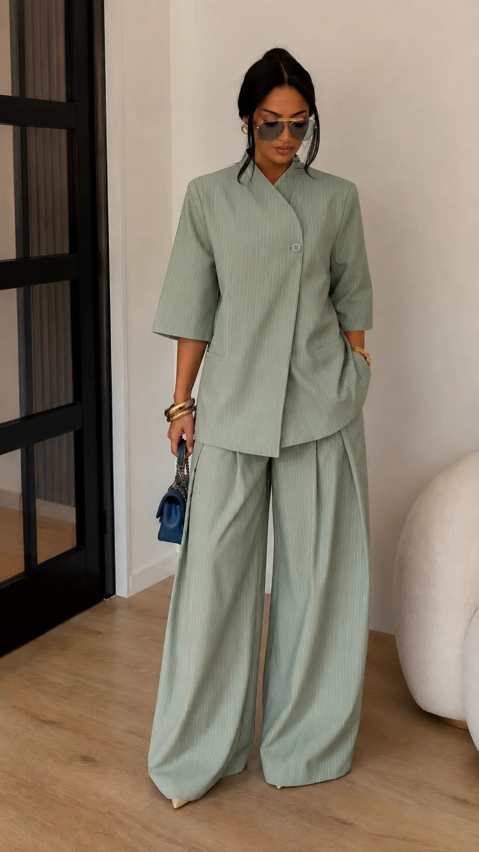 Stand Collar Blazer & Wide-Leg Pants Two-Piece