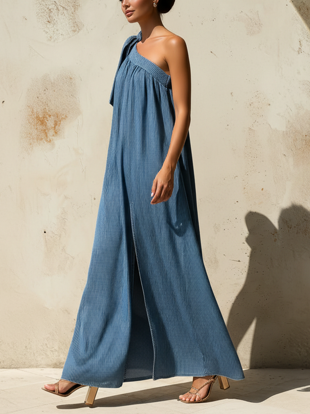 Blue Striped Denim One Shoulder Maxi Dress