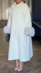 White Faux Fur Cuff Long Wool Coat