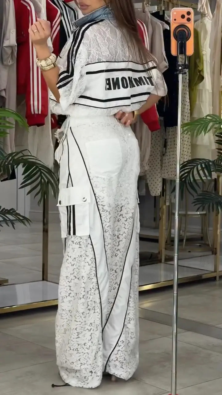 White Denim Patch Lace Two Piece Tracksuit