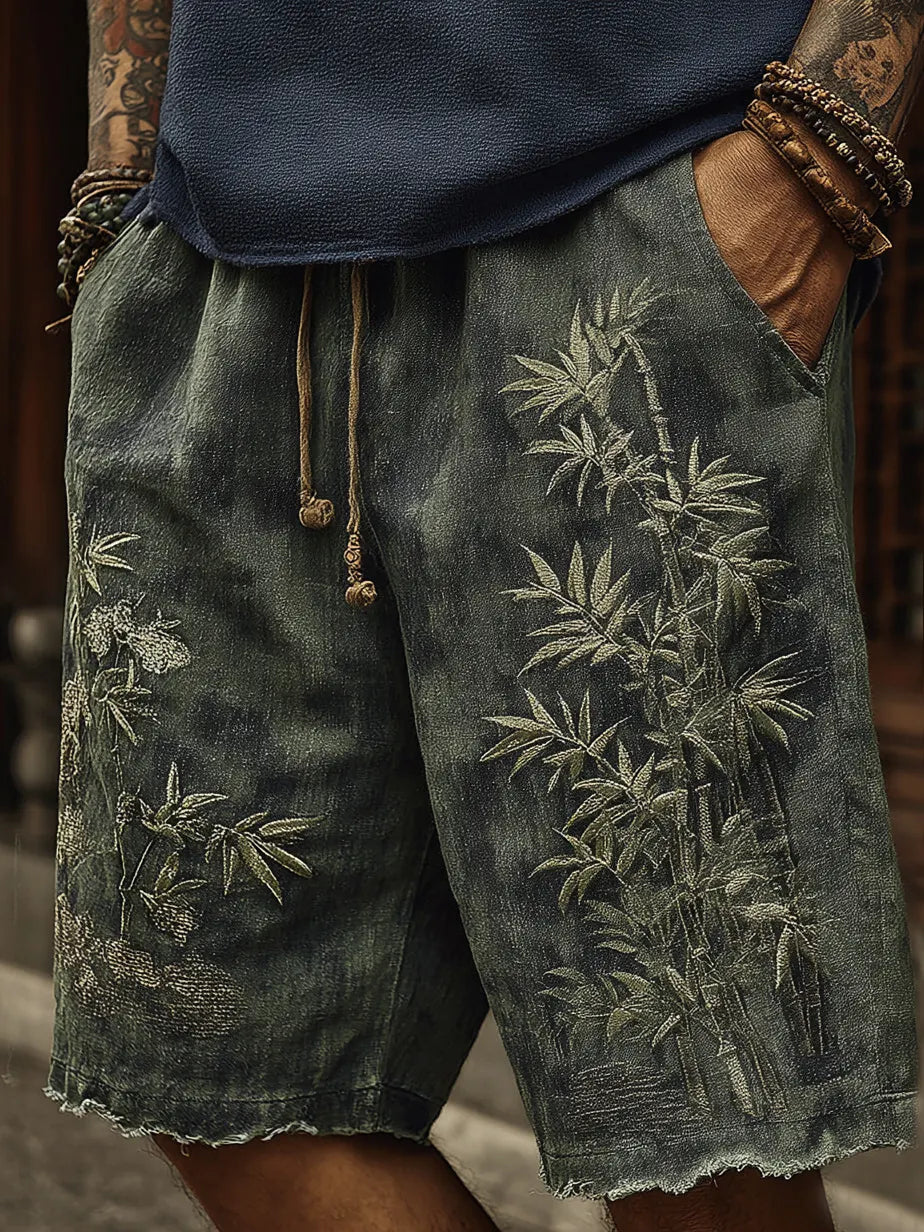 Vintage Japanese Bamboo Embroidery Art Linen Blend Casual Shorts