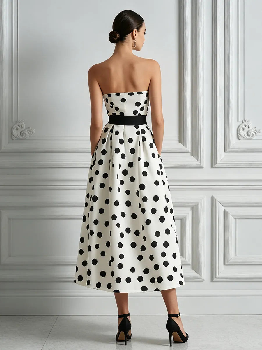 Black & White Polka Dot Strapless A-Line Midi Dress
