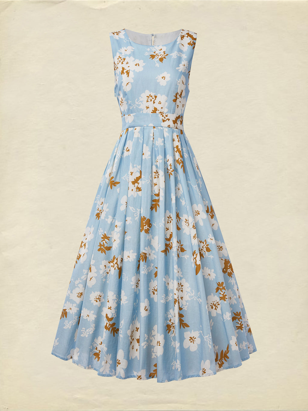 (SIZE:XS-XXL) Midi Linen Dress, Sleeveless, Round Neck, Floral, Pocket Design, Vintage, Blue