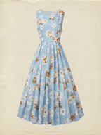 (SIZE:XS-XXL) Midi Linen Dress, Sleeveless, Round Neck, Floral, Pocket Design, Vintage, Blue