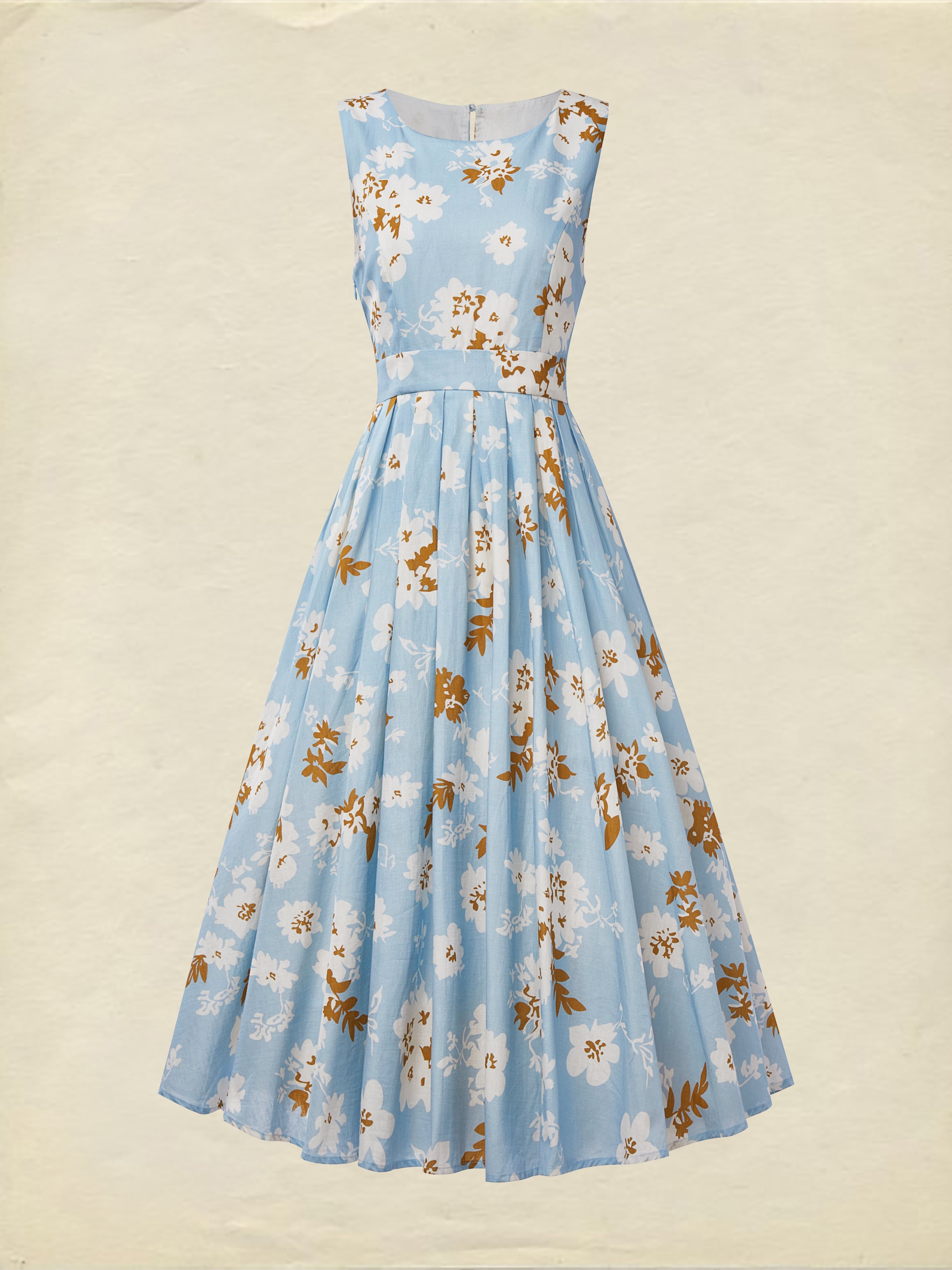(SIZE:XS-XXL) Midi Linen Dress, Sleeveless, Round Neck, Floral, Pocket Design, Vintage, Blue