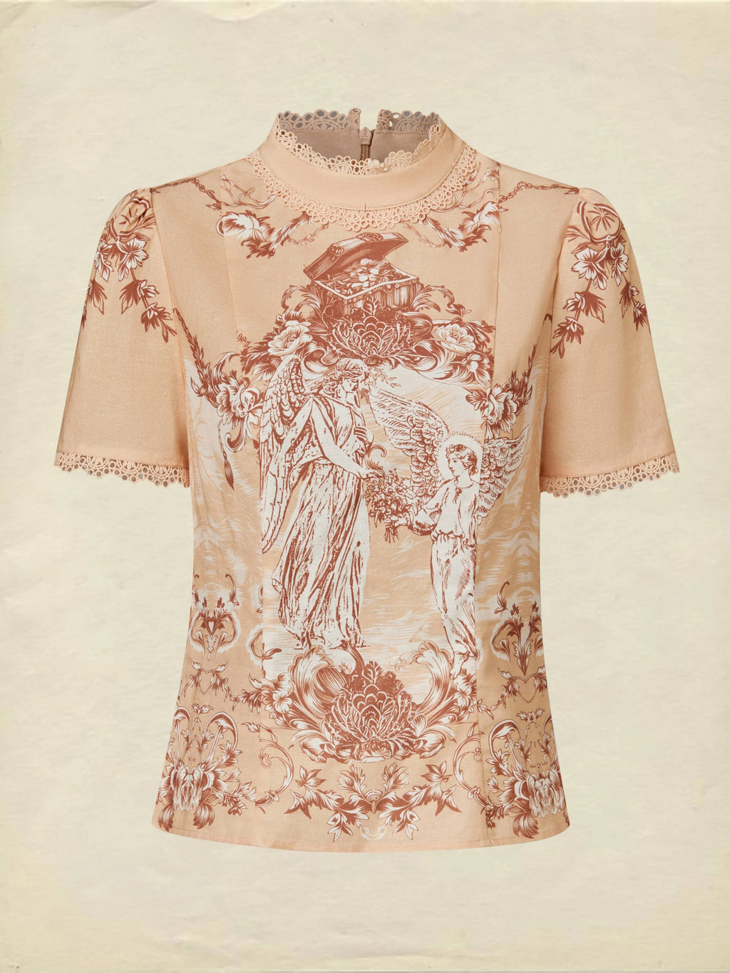 Cotton Shirt, Short Sleeves, Stand Collar, Angel, Lace, Vintage, Caramel