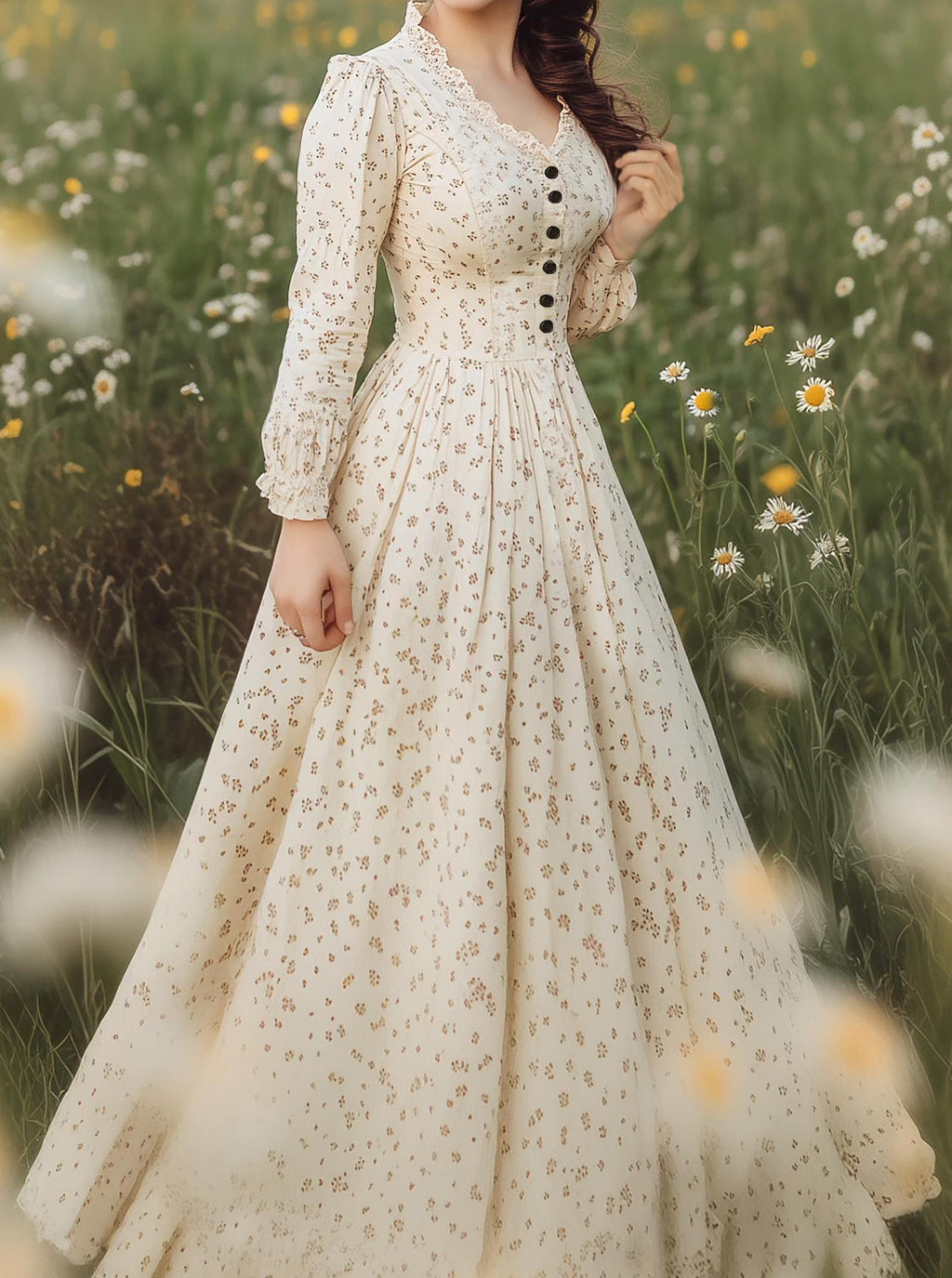 Linen Maxi Dress, Long Sleeves, V Neck, Botton Down, Floral, Apricot
