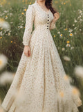 Linen Maxi Dress, Long Sleeves, V Neck, Botton Down, Floral, Apricot
