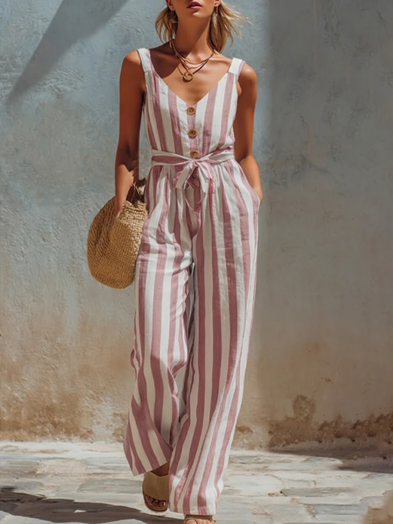 Casual Sleeveless Striped Linen-cotton Jumpsuit
