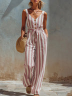 Casual Sleeveless Striped Linen-cotton Jumpsuit