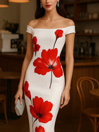 Elegant White Satin Dress with Red Floral Print