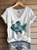 Fish Denim Patchwork Art Print V-neck Casual T-Shirt