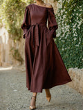 Midi Cotton Dress, Long Sleeves, One Shoulder, Plain, Belt Design, French Vintage, CAMEO BROWN
