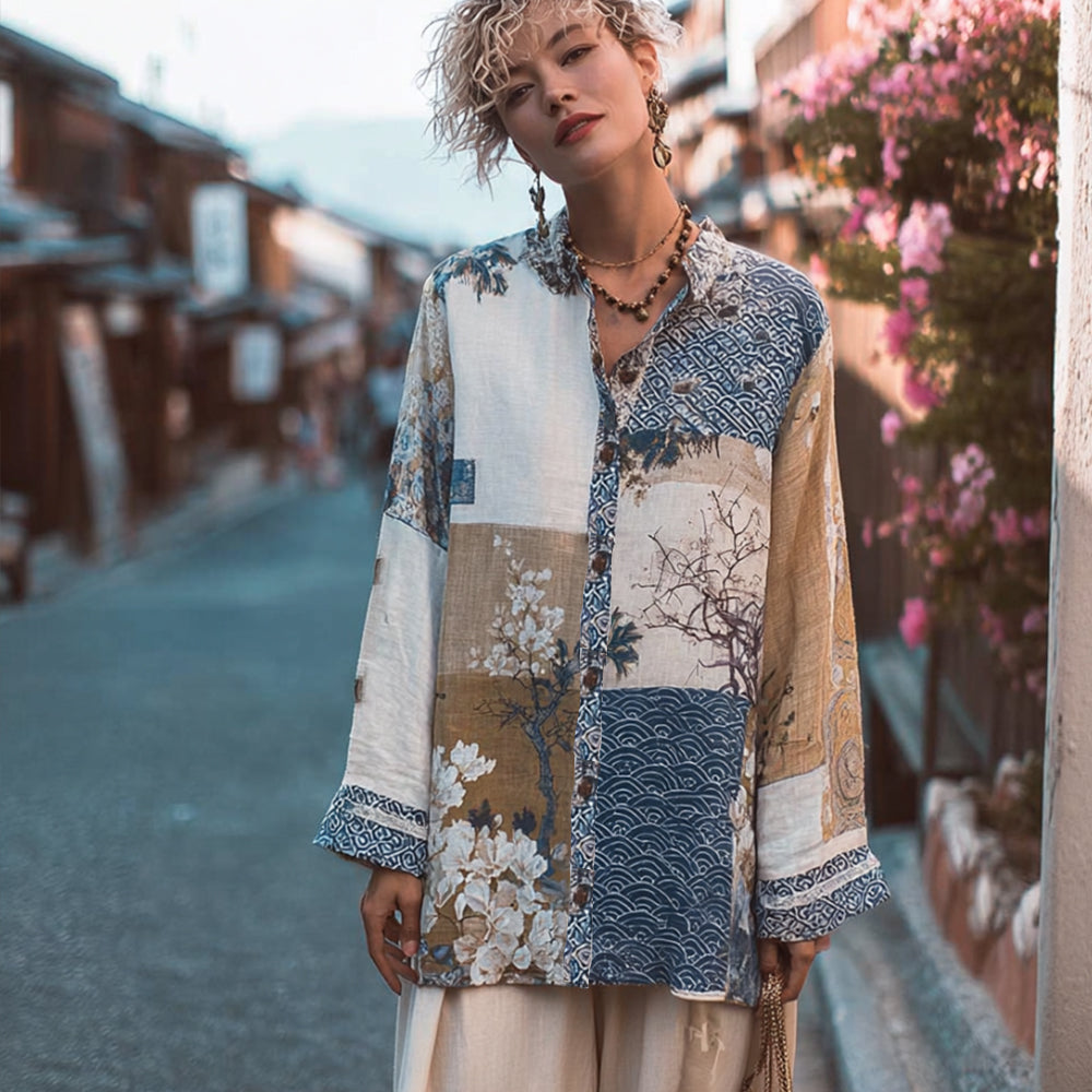 Women's Japanese Traditional Embroidery Floral Patchwork Art Printed Linen Long Sleeve Shirt