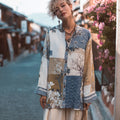 Women's Japanese Traditional Embroidery Floral Patchwork Art Printed Linen Long Sleeve Shirt
