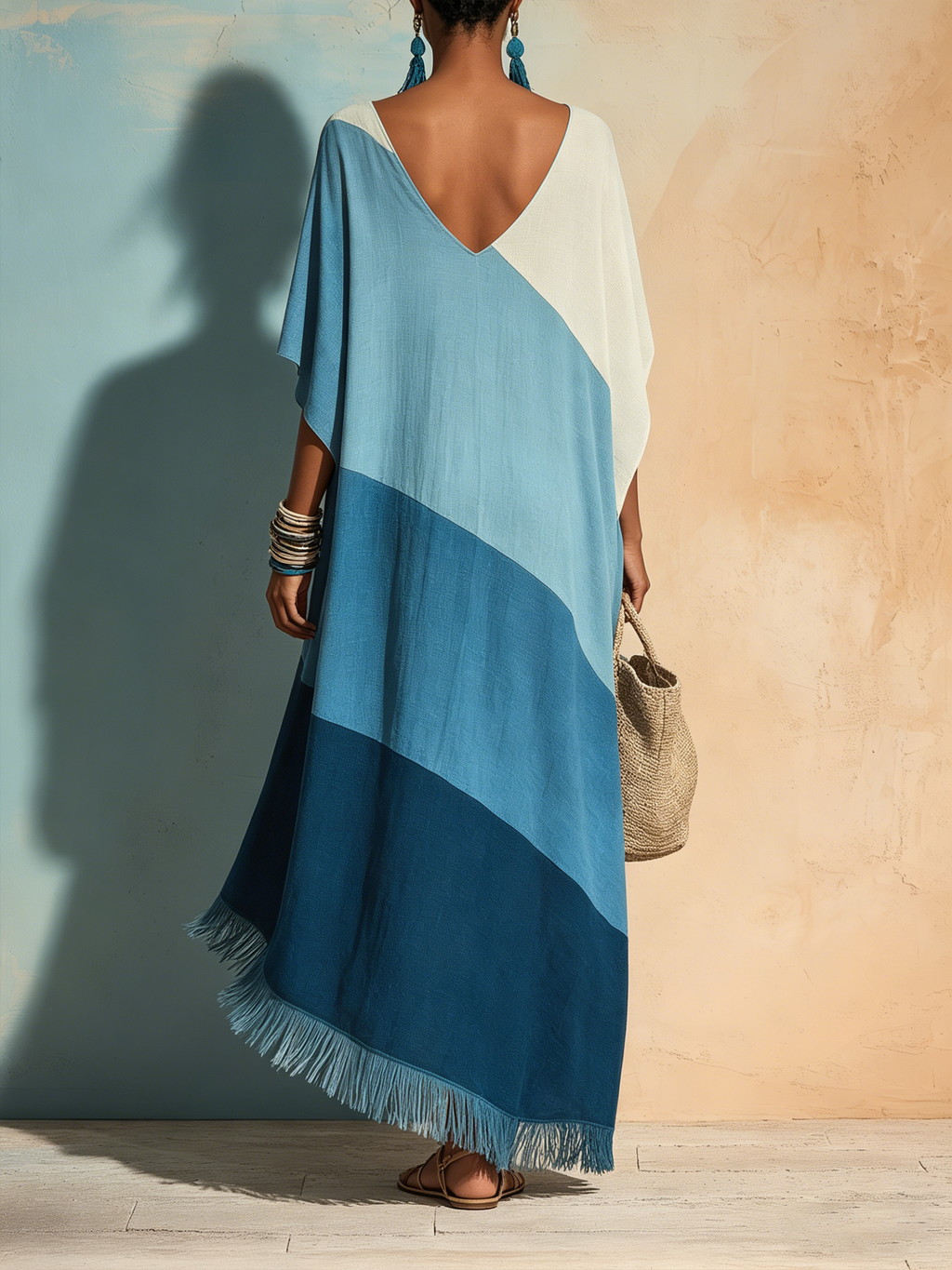 Color-Block Fringe Caftan Maxi Dress