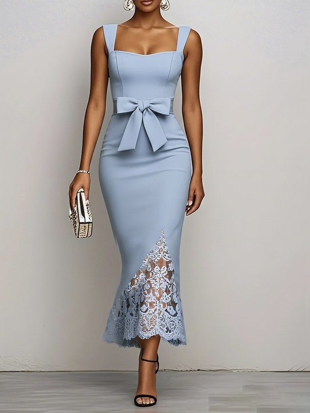 Light Blue Bow Lace Classic Sweetheart Neckline Sleeveless Mermaid Maxi Dress