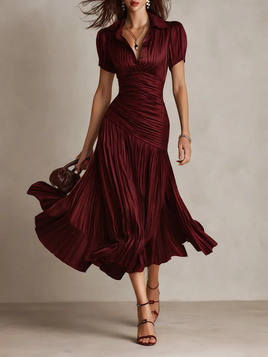 Retro Striped Satin Pleated Bodycon Midi Dress