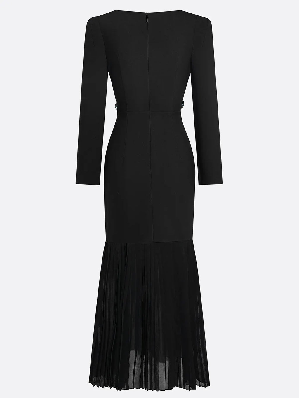 Black Pleated 3D Floral Classic Boat Neck Long Sleeve Mermaid Maxi Dress