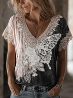 Butterfly Flower Embroidery Patchwork Striped Design Women's Summer Linen T-shirt