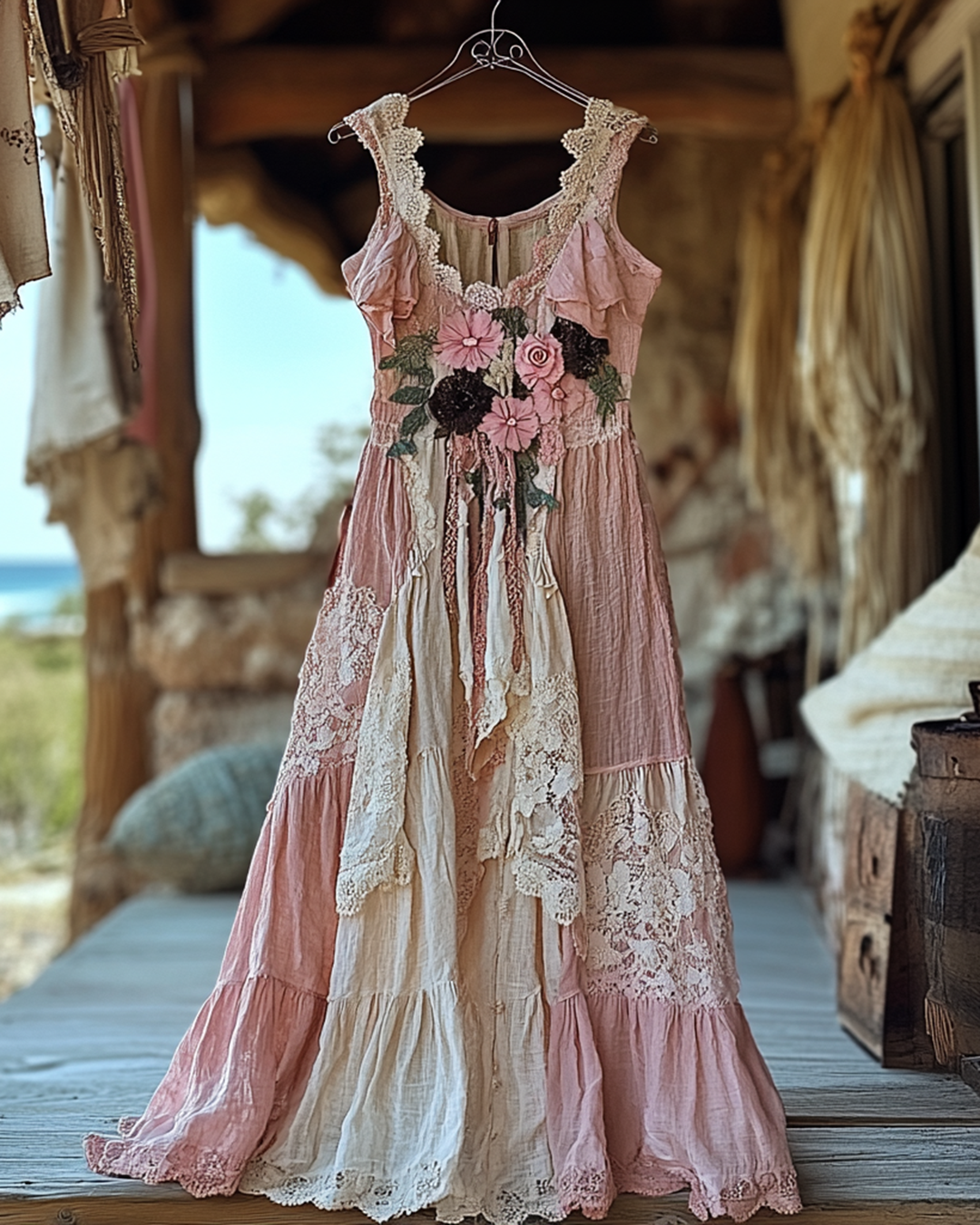 Summer Vacation Ruffle  Lace Patchwork Dress   f759