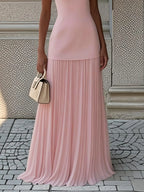 Pink Pleated Classic Boat Neck Sleeveless A-Line Floor-length Gown Dress