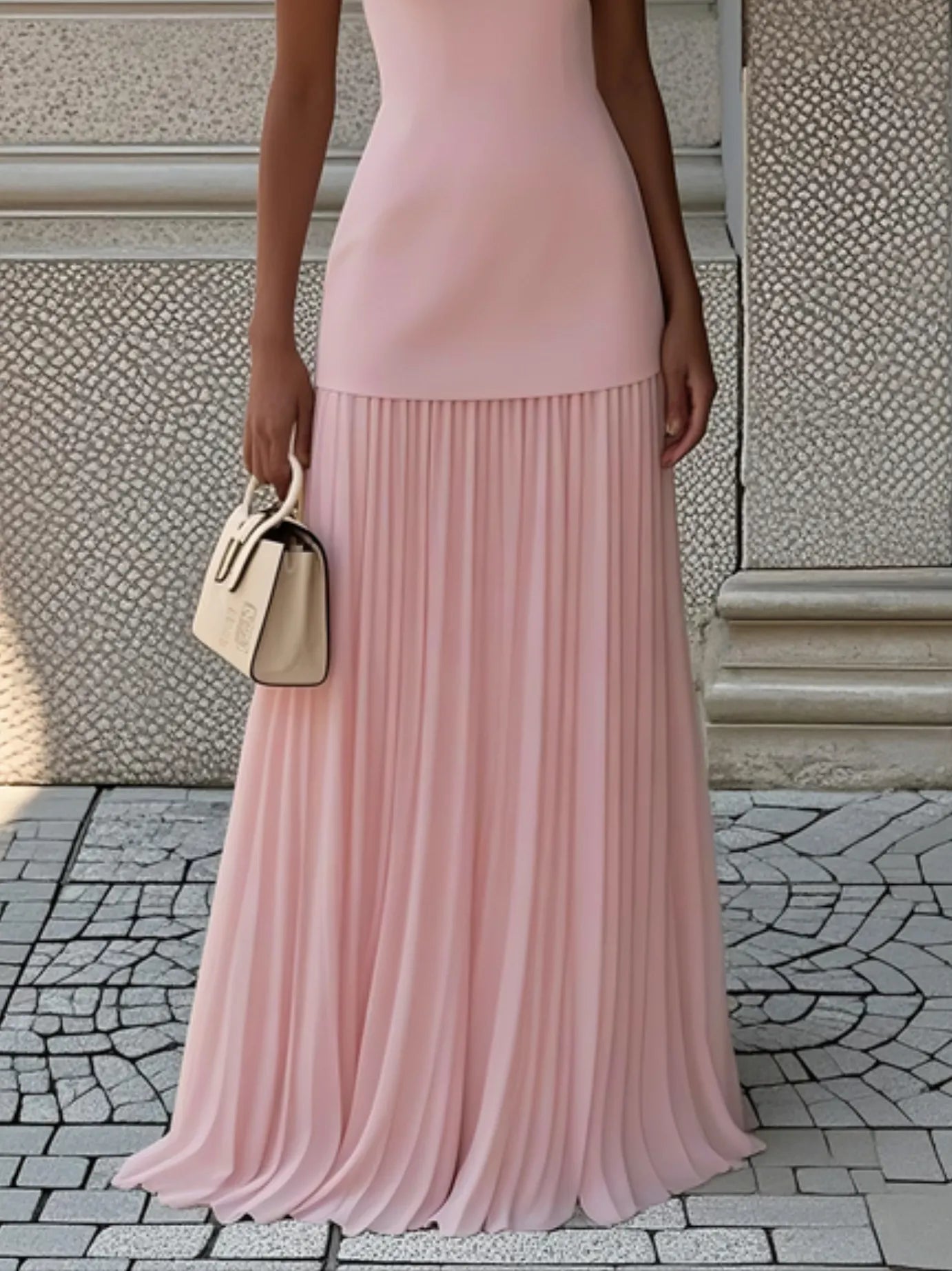 Pink Pleated Classic Boat Neck Sleeveless A-Line Floor-length Gown Dress