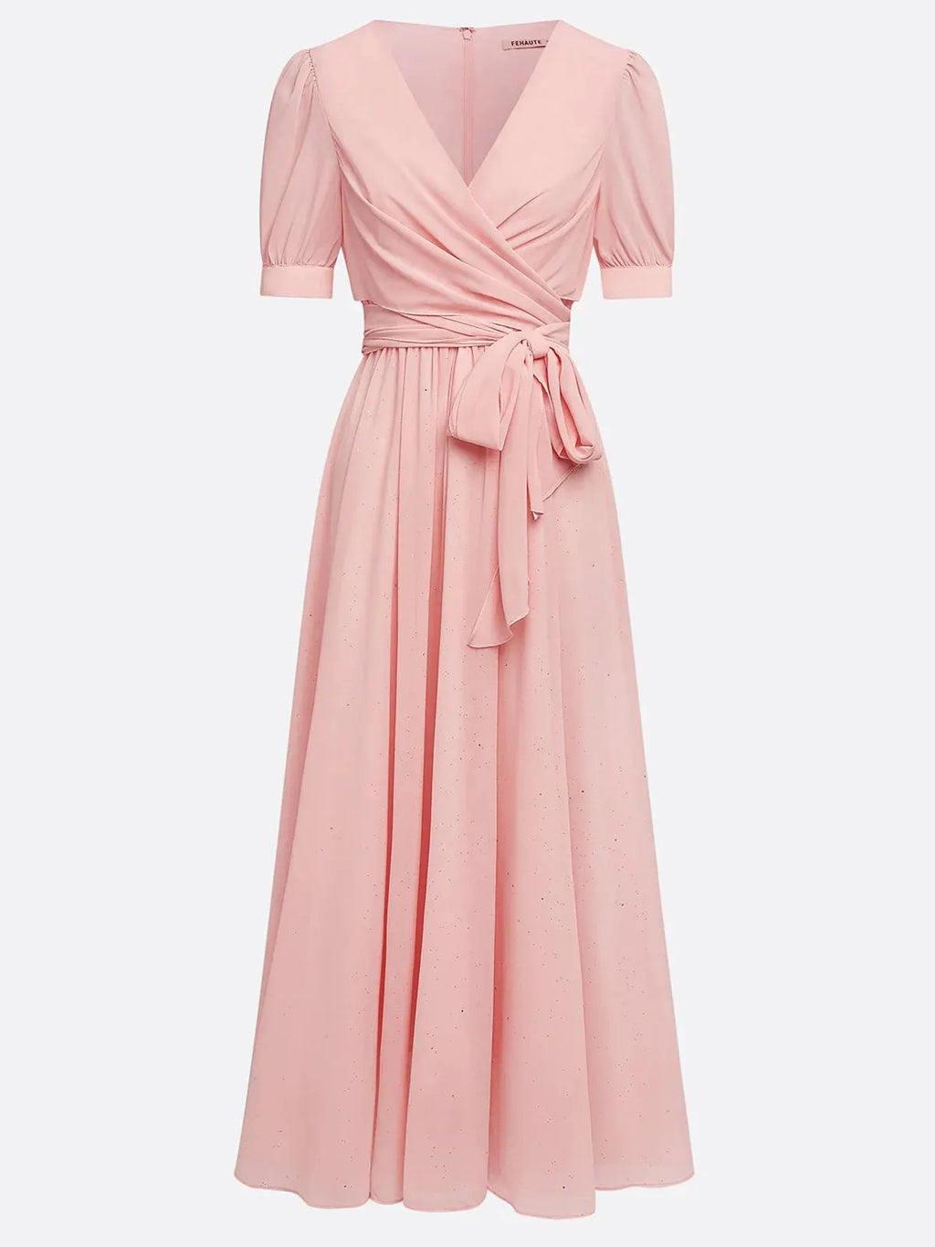 Pink Ruched Bow Chiffon V Neck Short Sleeve Sheath Maxi Dress