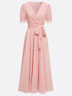 Pink Ruched Bow Chiffon V Neck Short Sleeve Sheath Maxi Dress