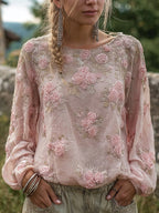 Elegant Boho Pink Roses Embroidered Cozy Linen Tunic