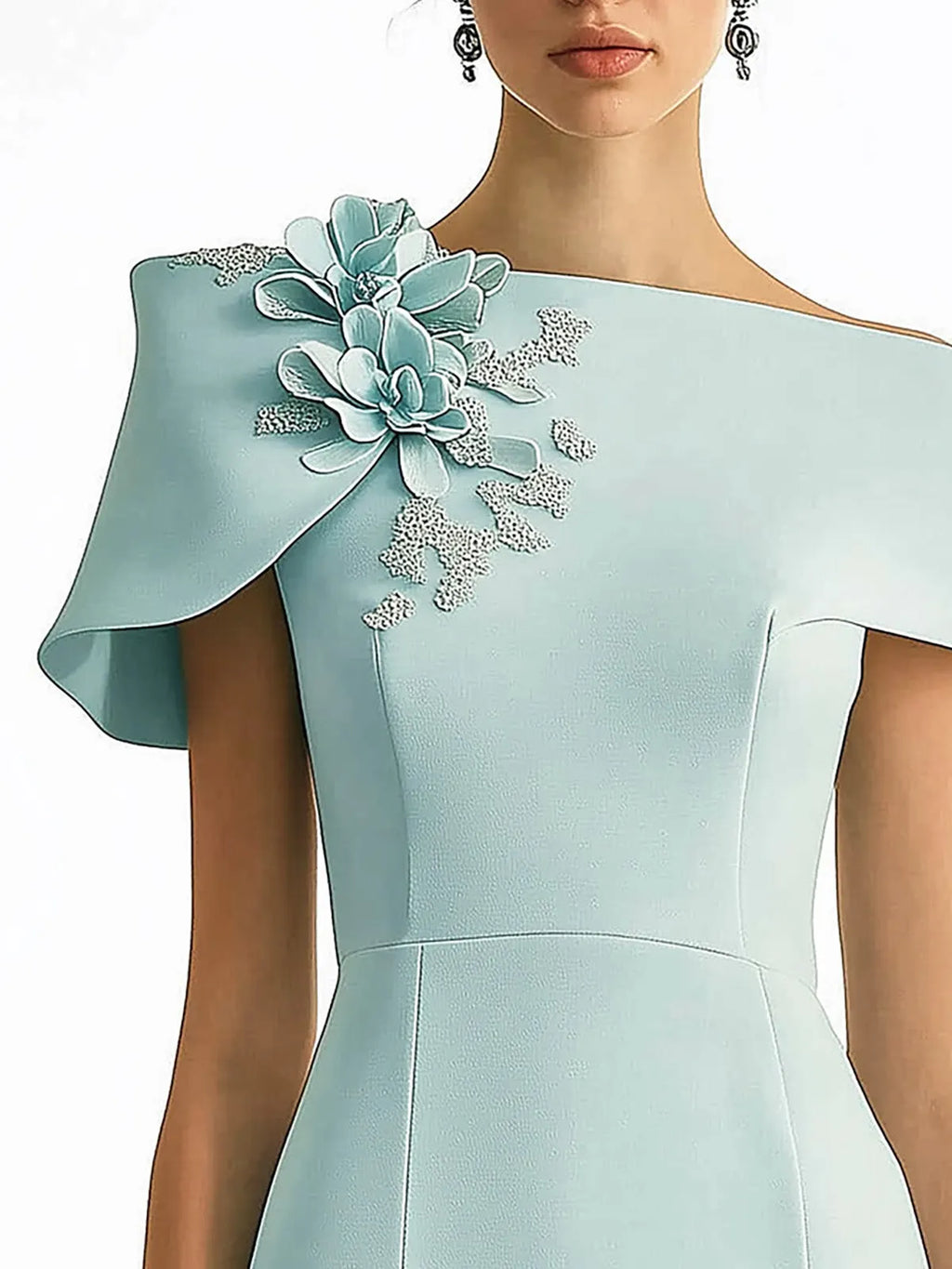 Elegant Pale Blue Green Dress With 3D Floral Shoulder Detail
