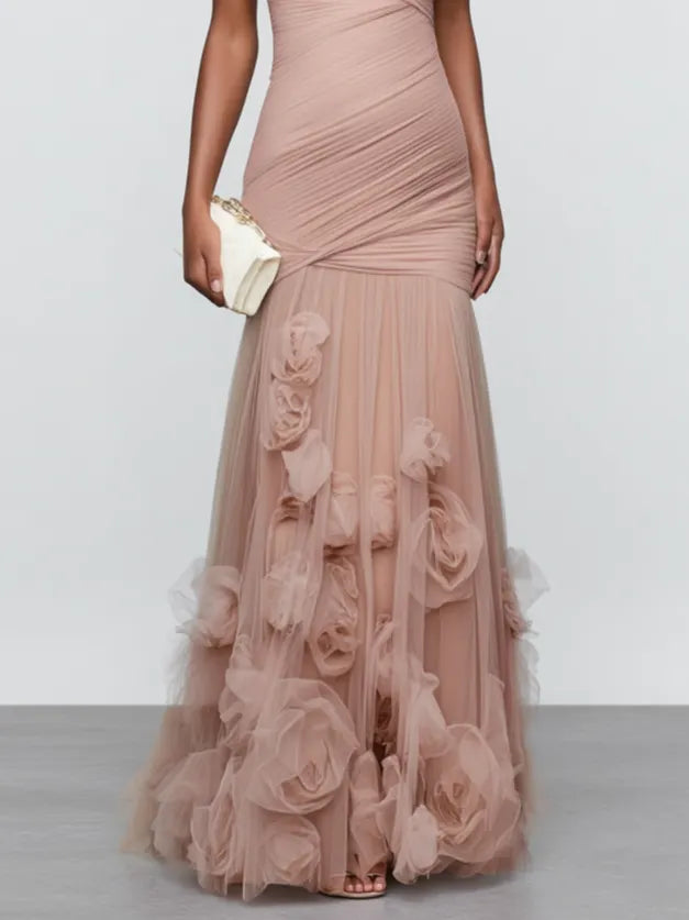Pink 3D Floral Ruched Tulle Strapless Sleeveless Mermaid Gown Dress