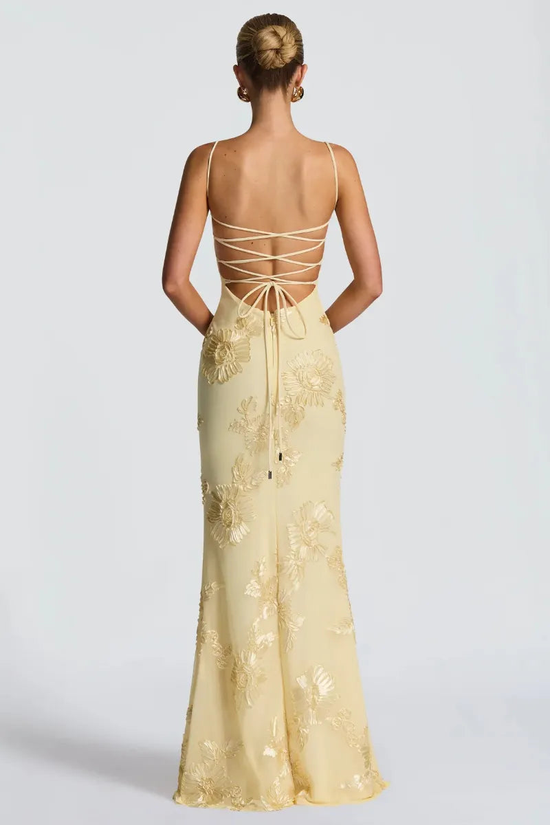 Yellow 3D Floral Mermaid Maxi Dress