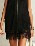 Black Knit Zip-Front Fringe Mini Dress