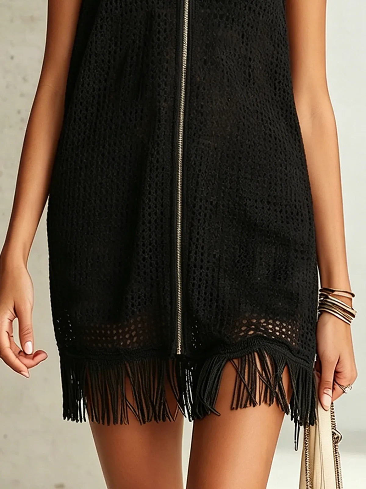 Black Knit Zip-Front Fringe Mini Dress