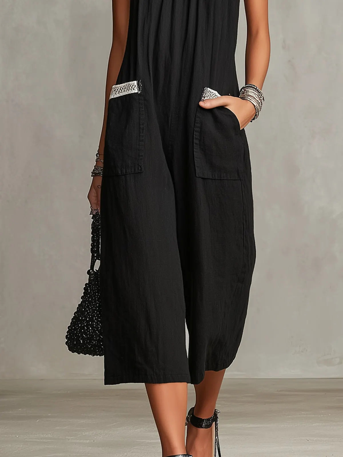 Black Crochet-Trim Wide-Leg Jumpsuit